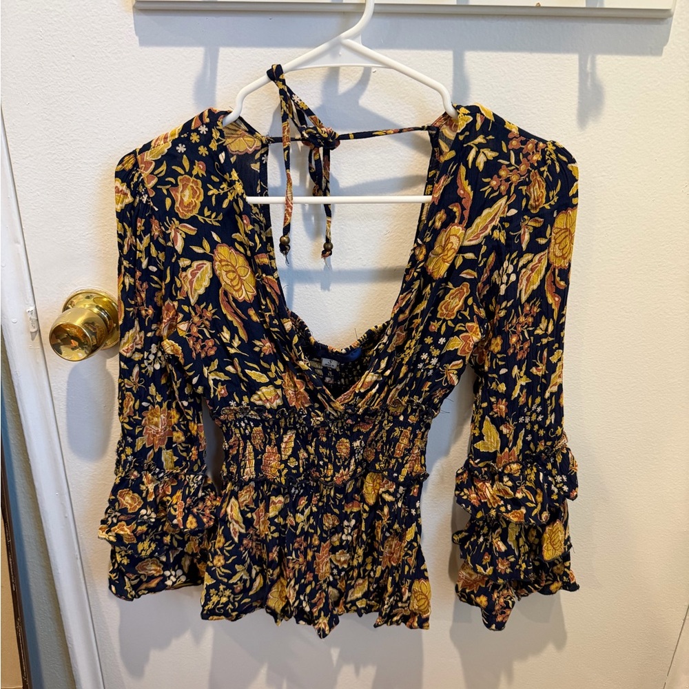 Blue Rain Navy Floral Smocked Blouse